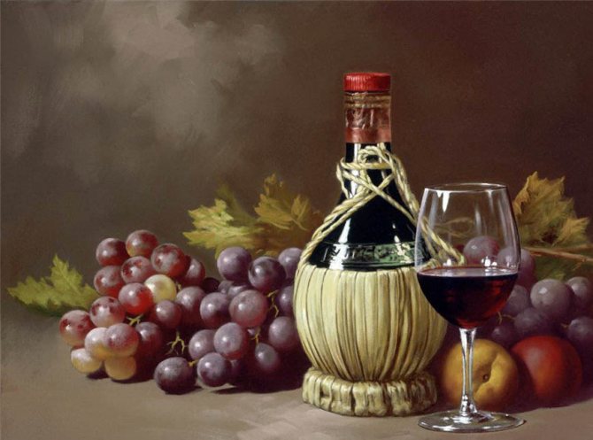 Грона винограду, пляшечка і келих домашнього вина