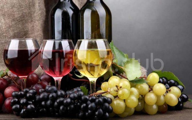 Три сорти вина біле, червоне, біле в келихах з двома пляшками і виноградними гронами фото