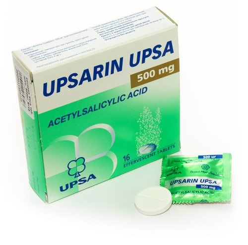 Упсарин (аспірин, ацетілсаліцілова кислота).  Засіб вілікуваті Похмілля.  Фотографія упаковки.